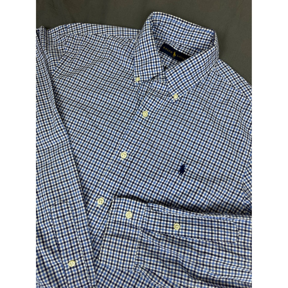 Ralph Lauren‎ Mens Gingham Button Down Shirt Blue White Long Sleeve Medium